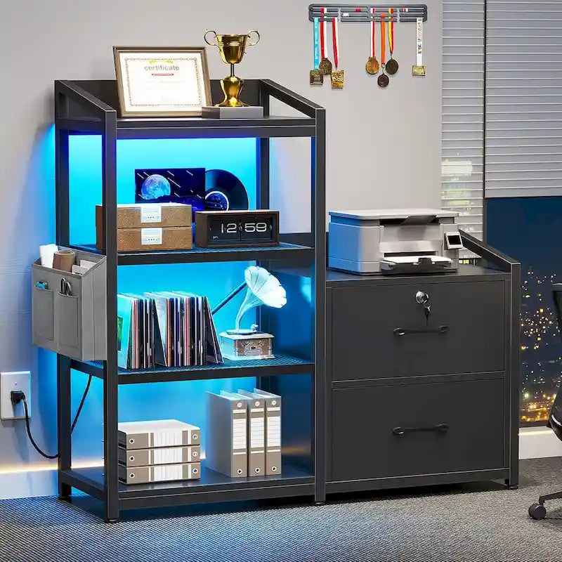 File Cabinet 2 Drawers Power Strip, LED Lights, Lock, Open Shelf