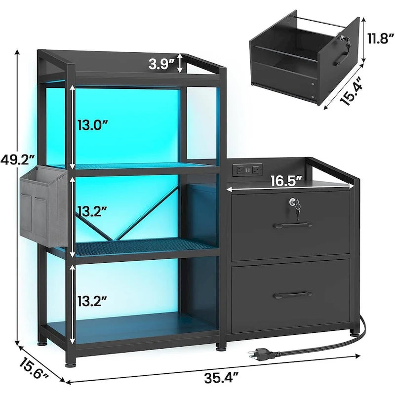File Cabinet 2 Drawers Power Strip, LED Lights, Lock, Open Shelf