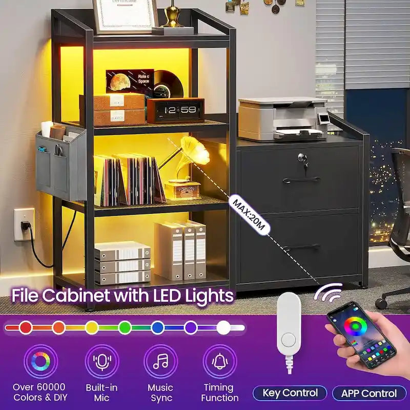 File Cabinet 2 Drawers Power Strip, LED Lights, Lock, Open Shelf