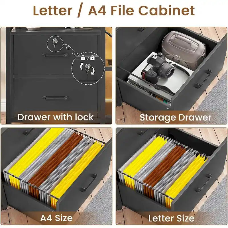 File Cabinet 2 Drawers Power Strip, LED Lights, Lock, Open Shelf