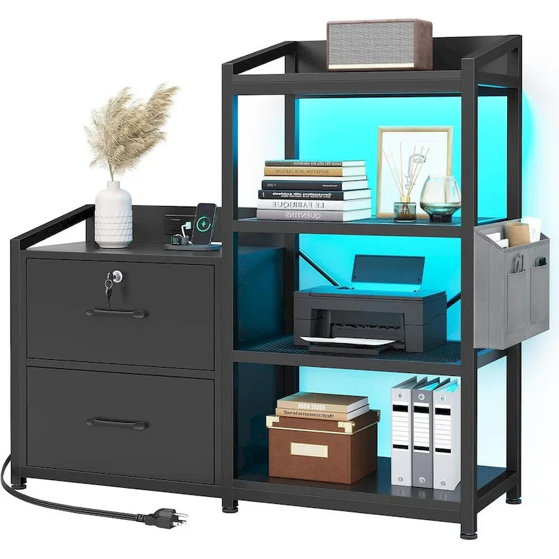 File Cabinet 2 Drawers Power Strip, LED Lights, Lock, Open Shelf
